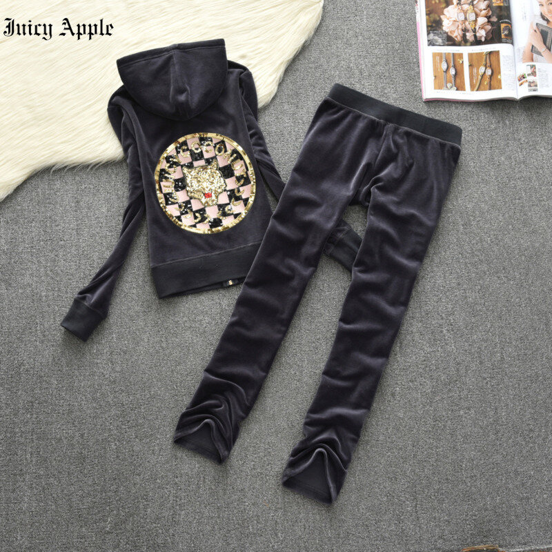 Juicy Apple Tracksuit Women 2pc Set Sweat Suit Autumn Hooded Fashion Embroidery Long Sleeve Zipper Sweatshirt Tops+long Pants