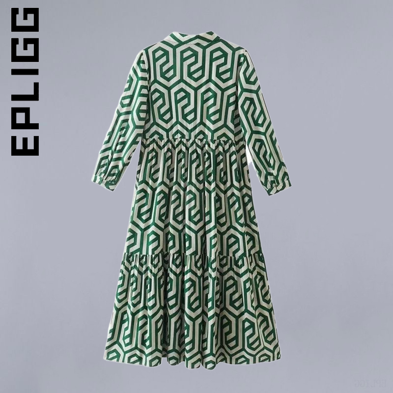 فستان نسائي جديد من Epligg ثنيات مطبوعة هندسية عتيقة ثنيات مكشكشة ملابس أثواب حفلات كسولة كلاسيكية ملابس نسائية