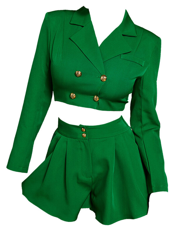 مجموعة ملابس نسائية من CHRLEISURE سترة مزدوجة الصدر وسروال قصير مكشكش مكشكش مكون من قطعتين موضة الحفلات باللون الأخضر #6