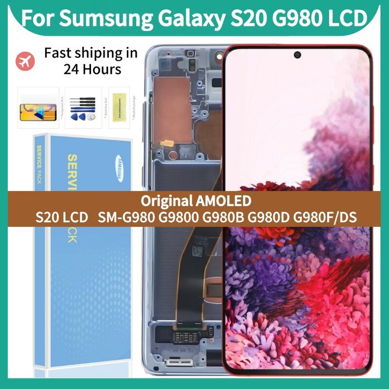 100% الأصلي 6.2 'amoled LCD لسامسونج غالاكسي S20 عرض مع الإطار الأسود SM-G980 G981FD LCD تعمل باللمس محول الأرقام الجمعية