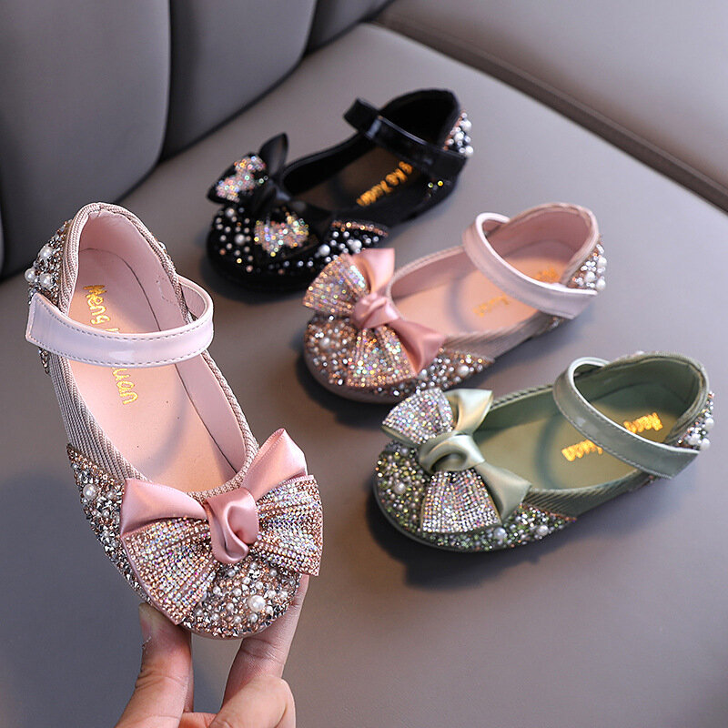 حذاء للأطفال للفتيات حجر الراين القوس الأميرة بنات حفلة الرقص أحذية جديدة الأطفال أحذية من الجلد طفل طالب حذاء مسطح