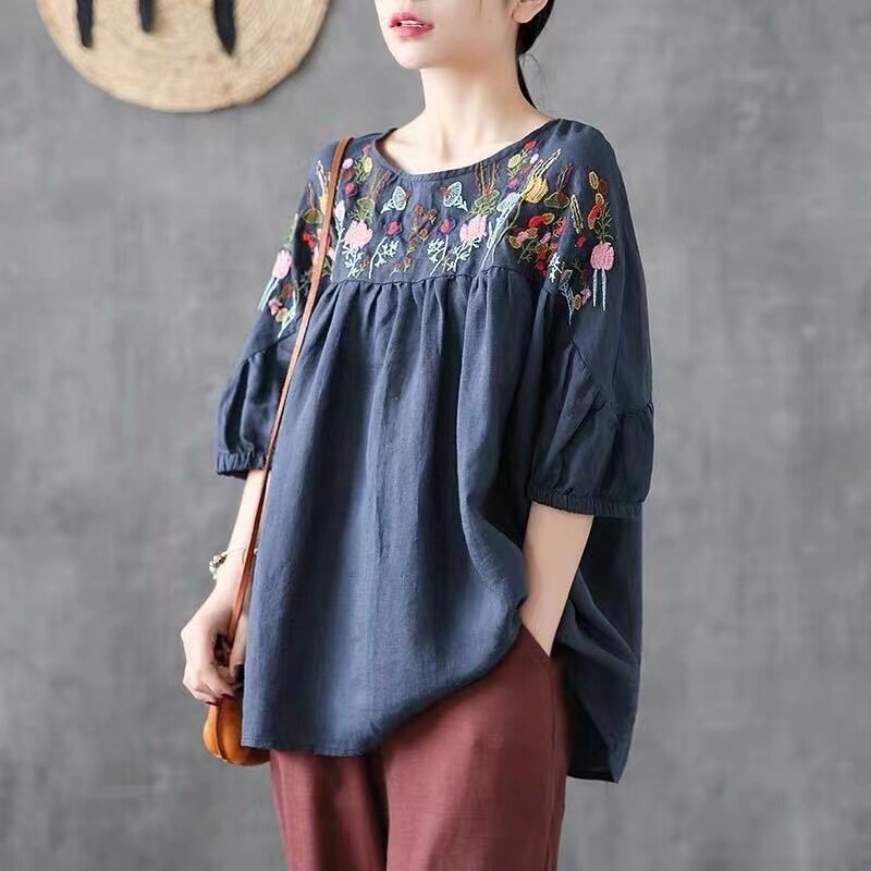 Retro Embroidery Round Neck Short Sleeve T-Shirt  Loose Women's Top New Cotton Linen Shirt Chinese Traditional Clothing Hanfu