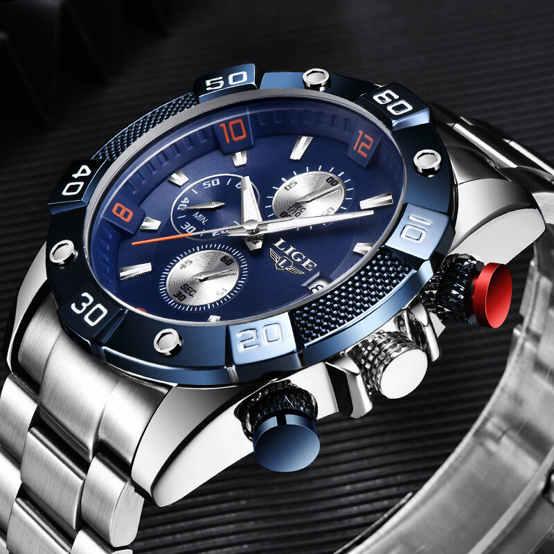 متعددة الوظائف مقاوم للماء موضة عادية الأزرق تصميم كوارتز ساعة رجالي