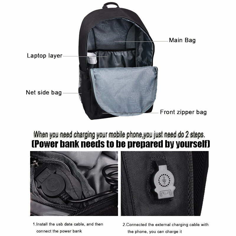 Unisex USB Charge Luminous School Bag For Teenagers Music Devil Cartoon Men's Backpack Student Book Bag Pack For Boys Girl Women #5
