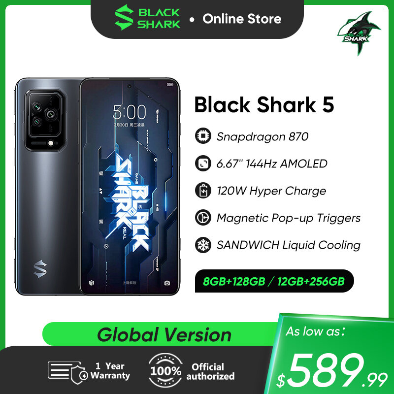 هاتف ذكي أسود القرش 5 5G إصدار عالمي للألعاب سناب دراغون 870 ثماني النواة 120 وات سوبر تشارج 4650mAh 144Hz AMOLED