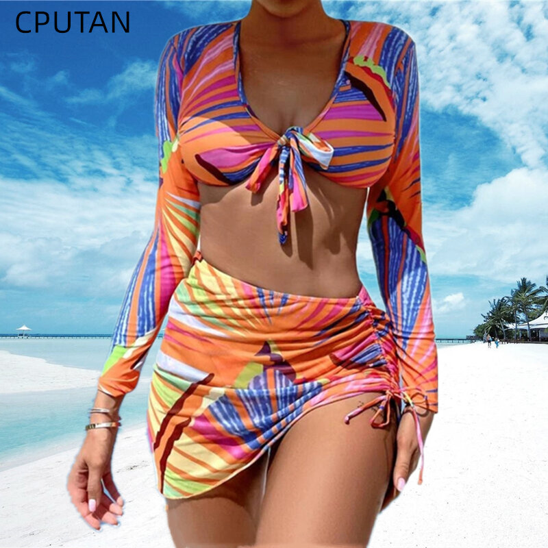 CPUTAN 3 قطعة مجموعة البكيني ملابس السباحة طويلة الأكمام النساء 2021 الرباط تنورة الشاطئ التستر البرازيلي بيكيني ثونغ ملابس السباحة جديد