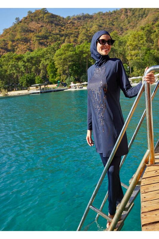 Lorac stamp embroidered design swimwear-navy blue muslim ladies swimwear for muslim ladies
