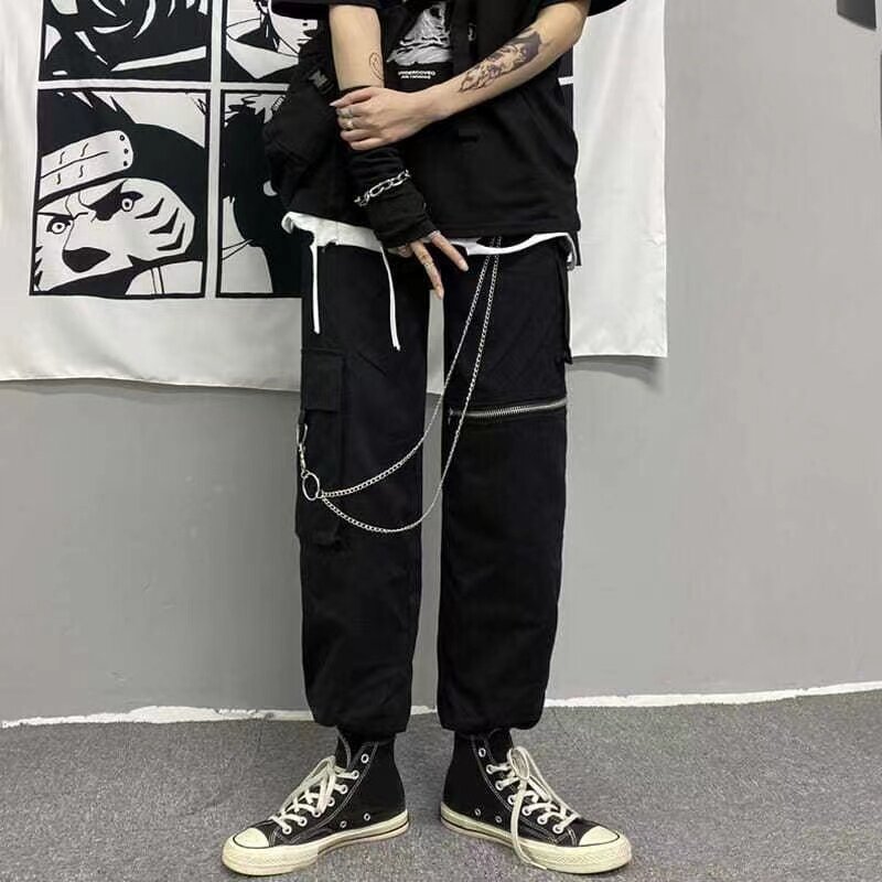 إيمو الرجال السود اليابانية Harajuku الشارع الشهير السراويل البضائع الشريط جيوب Sweatpants العداء Techwear الحريم بنطال رياضي الملابس