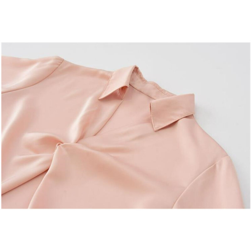 الساتان الوردي قميص المرأة الربيع الصيف ملابس عمل جديدة تصميم الخامس الرقبة شبك بأكمام طويلة الأبيض بلوزة الإناث مكتب نمط القمم
