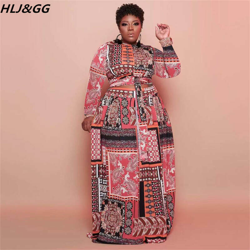 HLJ & GG موضة الأفريقية طباعة قطعتين مجموعات النساء حجم كبير ملابس عادية أنثى كم طويل ضمادة المحاصيل بلوزات و تنورة الزي