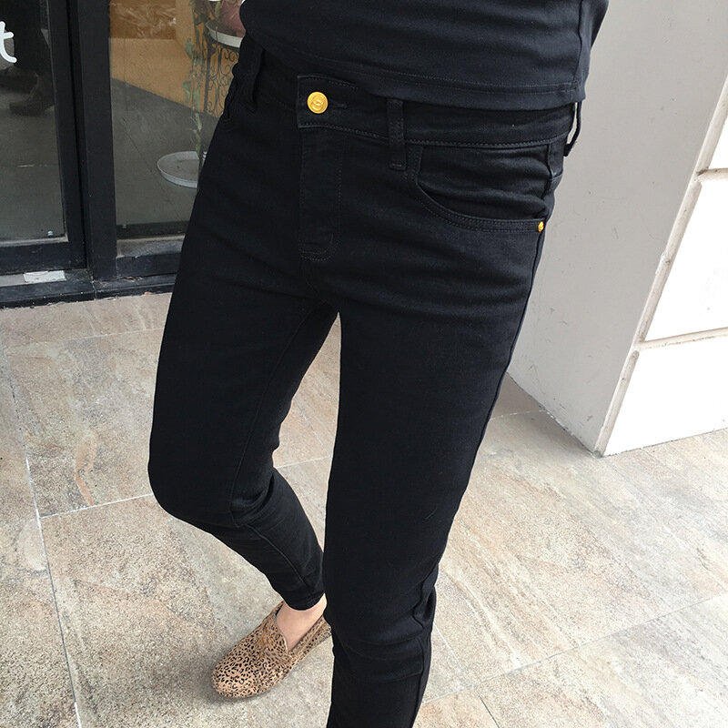 Wholesale 2022 Korean Fashion Men Streetwear Man's Branded Black Casual Slim Pants Male Cowboy Washed Stretch Pencil Jeans