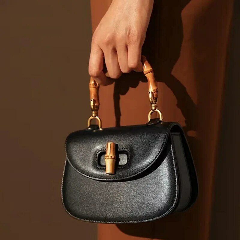 Bamboo Bag Women's Genuine Leather Saddle Bags Lock Niche Design Luxury Hand Held Shoulder Messenger Bags 9871