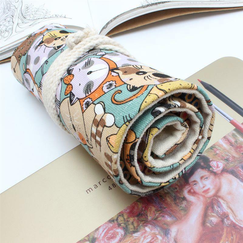 Big Face Cat Pattern Canvas Portable Handmade Rolling Pencil Roll Wrap Holder Pouch Case Storage Organizer With 48 Slots