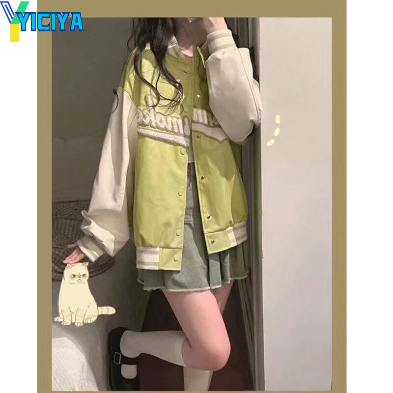 YICIYA Bomber Woman Varsity Jacket Long Sleeve Green Embroidered Loose Oversize Baseball Jackets 2022 Women's Winter Coats Met