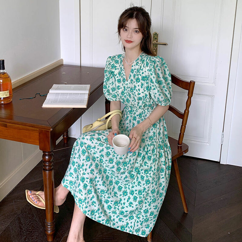 الكورية Vintage زهرة المرأة الشيفون فستان الحفلات الملابس عالية طويلة فانوس كم الكاحل طول الوردي طباعة فساتين الشاطئ عادية