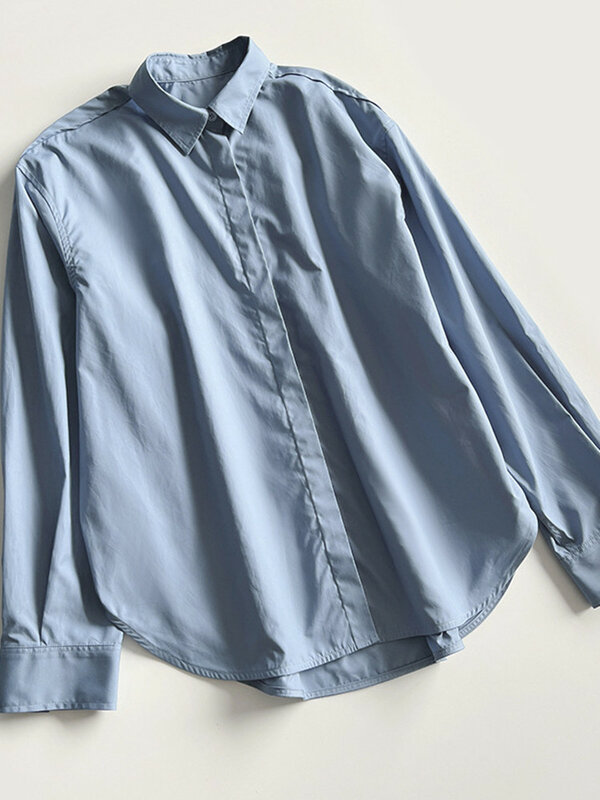 بلوزة نسائية مطرزة باللون الأزرق بتصميم ظلية موضة ربيع 2022 قميص نسائي جديد بياقة مقلوبة أزرار مغطاة فضفاضة بسيطة #2