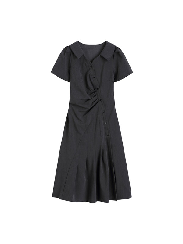 الأخضر الخامس الرقبة التجاعيد قصيرة الأكمام قميص فستان المرأة الصيف تصميم قطري مشبك الخصر الأسود بولو طوق منتصف طول تنورة