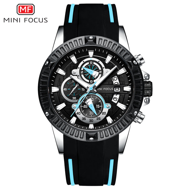 MINI FOCUS مقاوم للماء الرياضة كرونوغراف ساعة اليد للرجال ساعة كوارتز تصميم كلاسيكي أسود مشبك التناظرية ساعات ساعة التقويم