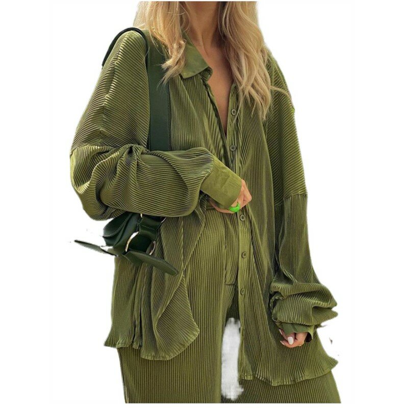 المرأة أنيقة الأخضر السراويل فضفاضة قمصان غير رسمية دعوى الخريف بلوزات بأكمام طويلة مطابقة واسعة بنطلون قطعتين بانت سيدة مجموعة