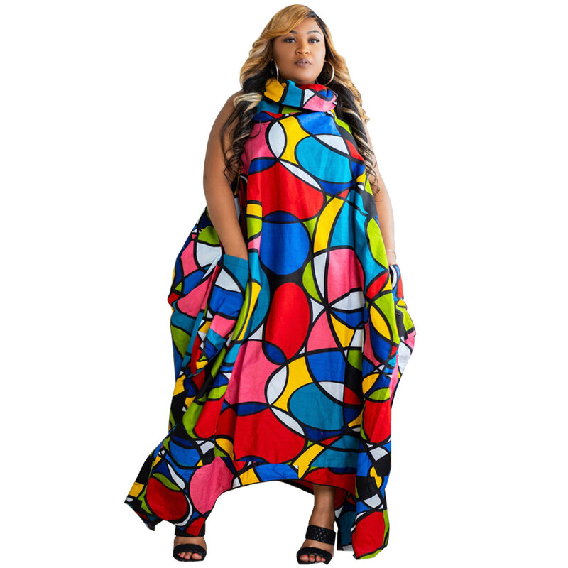 2022 الصيف موضة المرأة الأفريقية س الرقبة الطباعة البوليستر فستان طويل الملابس الأفريقية النساء فساتين الأفريقية للنساء