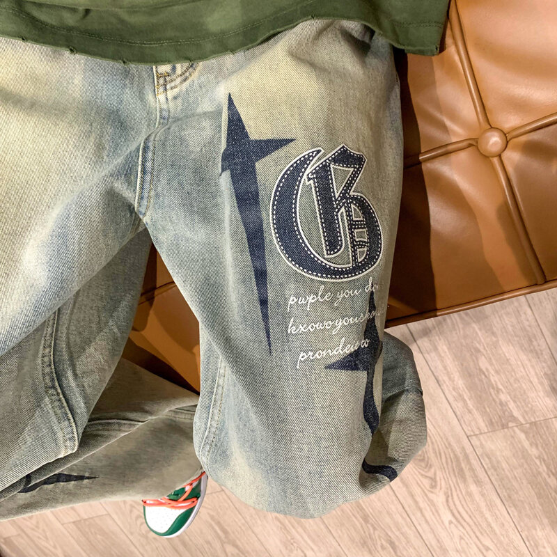 Oain 2022 سروال دينم للرجال كوري عتيق Y2K cltoaves ملابس الشارع الشهير مطبوعة مرقع بنطال جينز فضفاض مستقيم للرجال