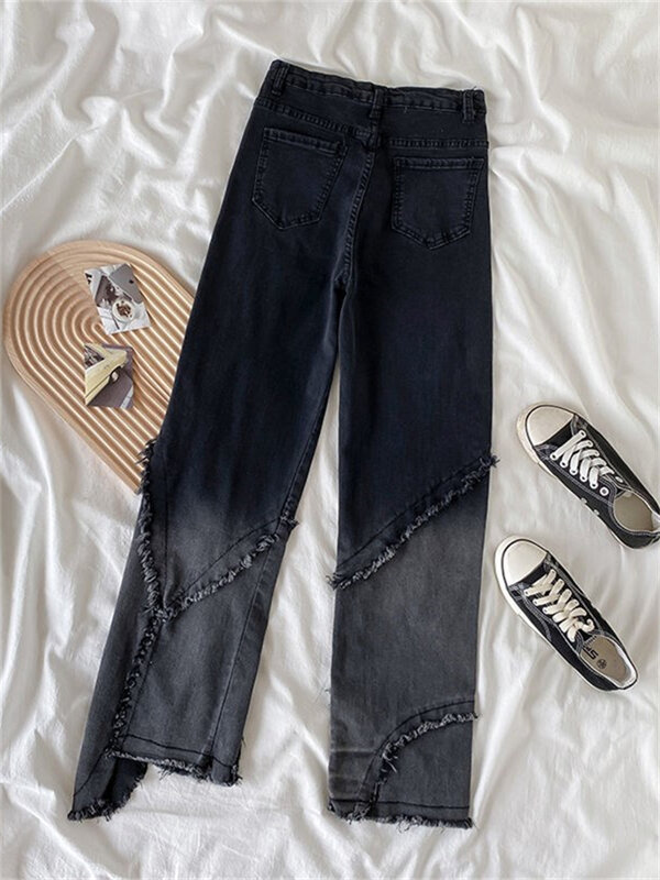 Gradient Black Gray Raw Edge Washed Jeans Women's Spring Street Casual High Waist Straight Unisex Denim Pants  Female Trousers