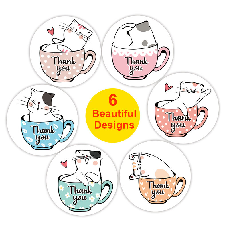500pcs Kawaii Cat Thank You Stickers Round Cartoon Animal Adhesive seal Labels for Greeting Cards Gift Decoration Stationery New
