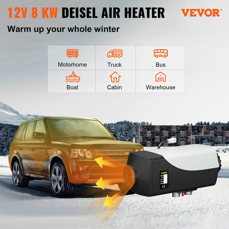 سخان هواء VEVOR 8KW للسيارة يعمل بالديزل بقدرة 12 فولت مع مفتاح كاتم صوت LCD مفتاح تحكم عن بعد للشاحنة قارب حافلة RV مقطورة سخان هواء لوقوف السيارات