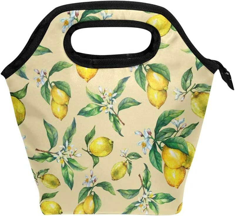 الليمون الفاكهة مع الأوراق الخضراء والزهور أكياس الغداء مبرد معزول علب الاغذية حقيبة يد حقيبة الغذاء