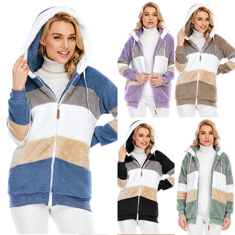 2022 new autumn and winter loose plush multicolor hooded jacket women