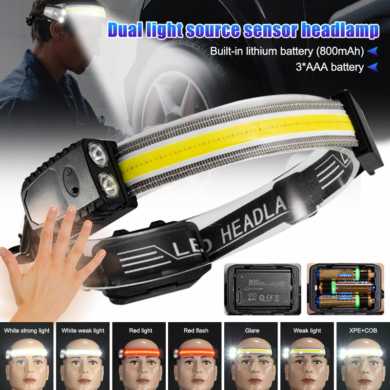 LED Sensor Headlamp COB Headlight Battery Type-c USB Rechargeable Flashlight Outdoor Night Run adventure fishing glare Lantern