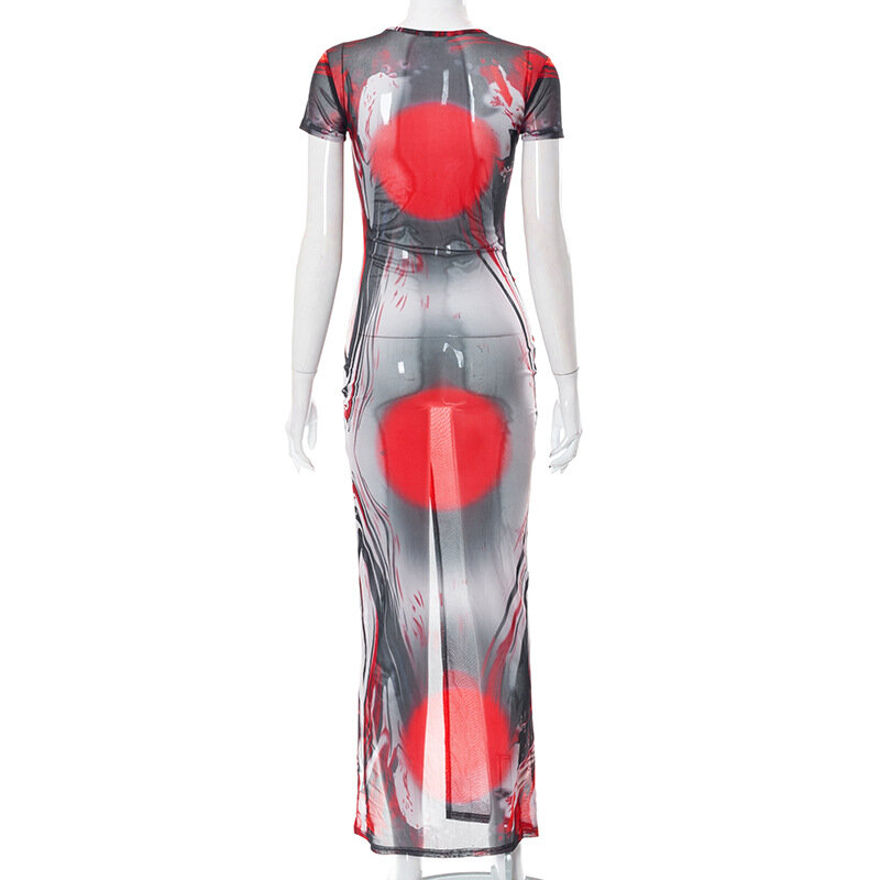 Wishyear 2022 ملابس الصيف للنساء كم قصير Bodycon شبكة انظر من خلال شير شاطئ أحمر فستان طويل