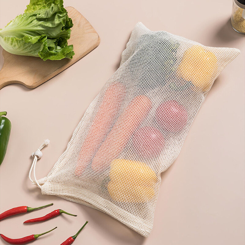 القطن شبكة أكياس الخضروات إنتاج حقيبة قابلة لإعادة الاستخدام القطن شبكة الخضار حقيبة التخزين المطبخ الفاكهة الخضار مع الرباط