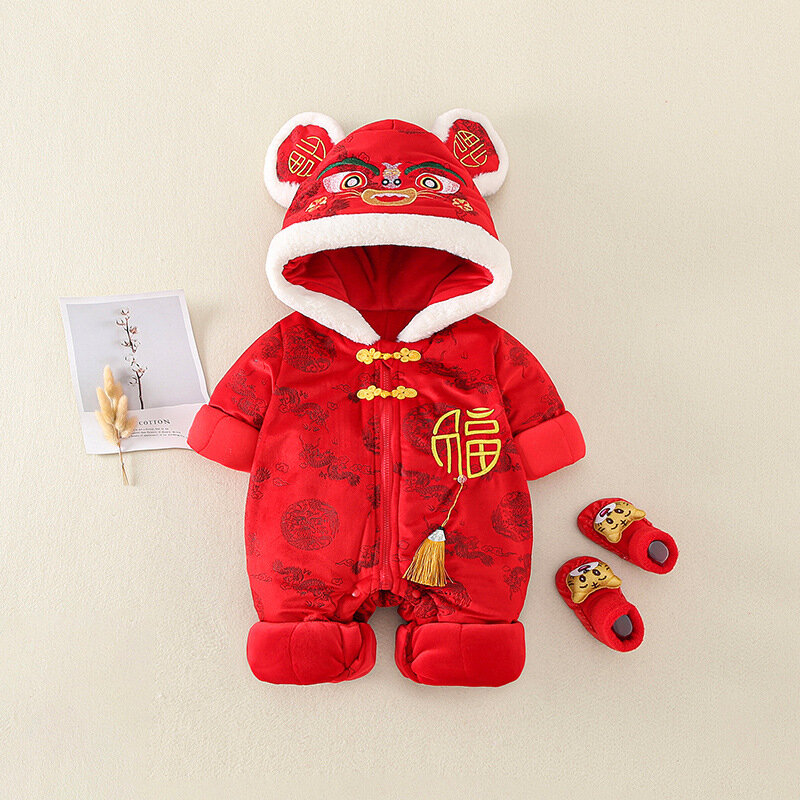التقليدية مهرجان الطفل السنة الصينية الجديدة الأحمر ملابس الفتيات الفتيان تانغ دعوى الشتاء قطعة واحدة السروال القصير النمر قبعة وتتسابق طقم هدايا