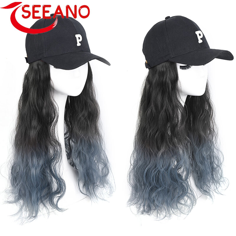 SEEANO طويل الاصطناعية رقيق متموج الأزرق الأخضر شعر مستعار مع الوردي أسود أبيض قبعة بيسبول للنساء قابل للتعديل قبعة شعر مستعار