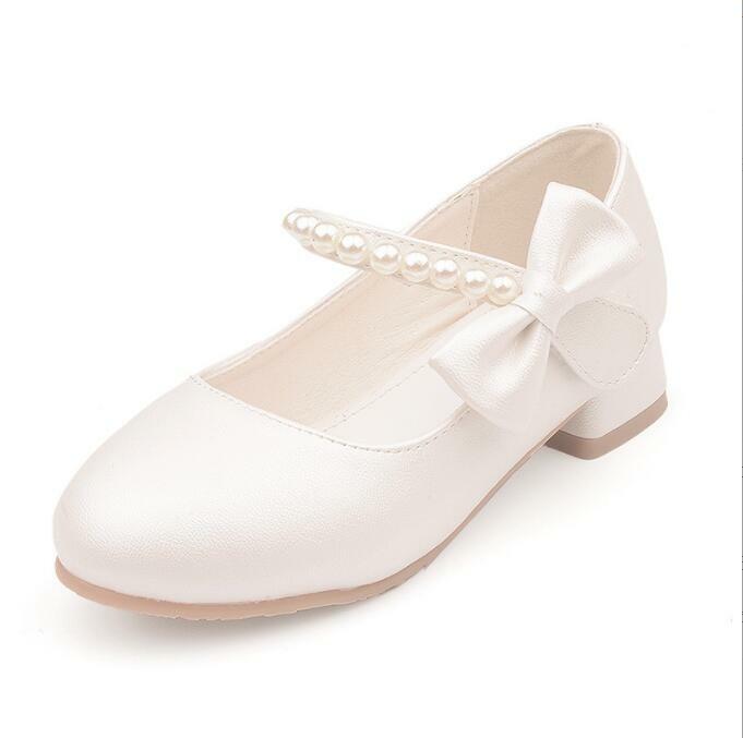 جديد الخريف الربيع الأطفال أحذية من الجلد الأبيض القوس الفتيات عالية الكعب الأميرة أحذية موضة بسيطة مثير اللؤلؤ الأحذية حجم 25-36