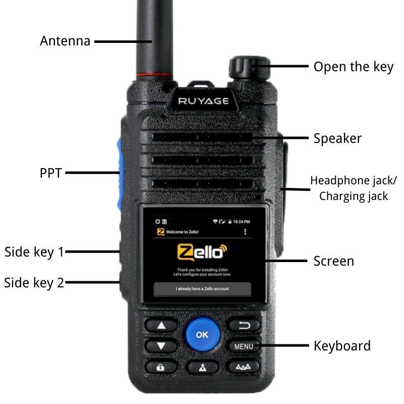 راديو 4g من Ruyage طراز ZL50 Zello مع بطاقة Sim وخاصية الواي فاي وتقنية البلوتوث طويل المدى وقوي يعمل لاسلكيًا يعمل لاسلكيًا بطول 100 كم