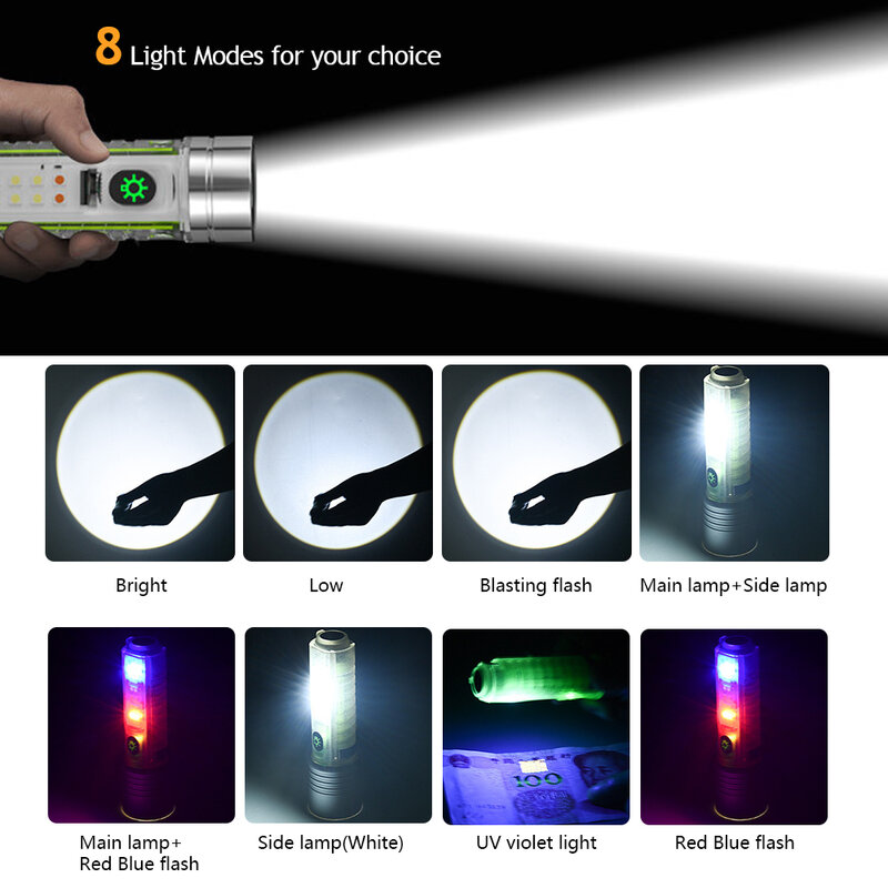 السوبر مشرق LED مصباح يدوي صغير USB قابلة للشحن الشعلة المغناطيس الأشعة فوق البنفسجية ضوء متعددة الوظائف المحمولة أضواء جيب للتخييم في الهواء الطلق