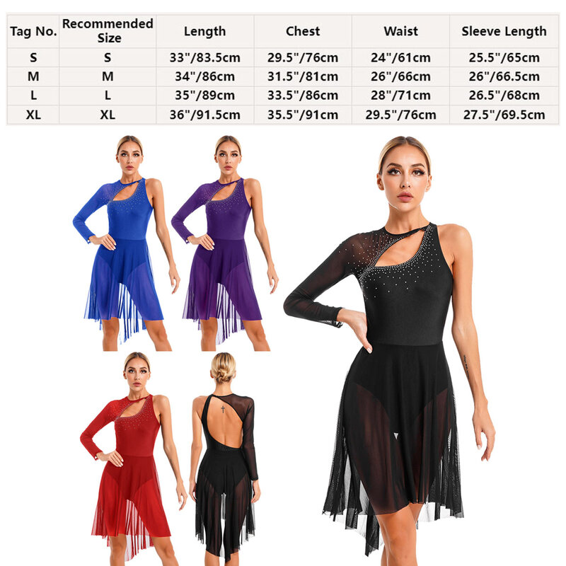 المرأة غنائية فستان واحد الكتف كم طويل الباليه ماكسي يوتار فستان شبكة لصق المعاصرة الحديثة أزياء رقص