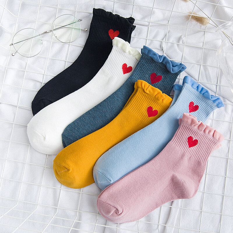 Solid color striped lace girl bottom tube socks pure solid color love embroidered cotton socks college sports girl socks