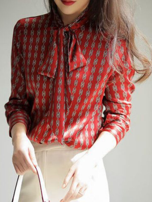 الخريف أنيقة الفرنسية الأقلية قميص المرأة طويلة الأكمام الدانتيل يصل الأحمر قميص فام Blusas Mujer مع القوس