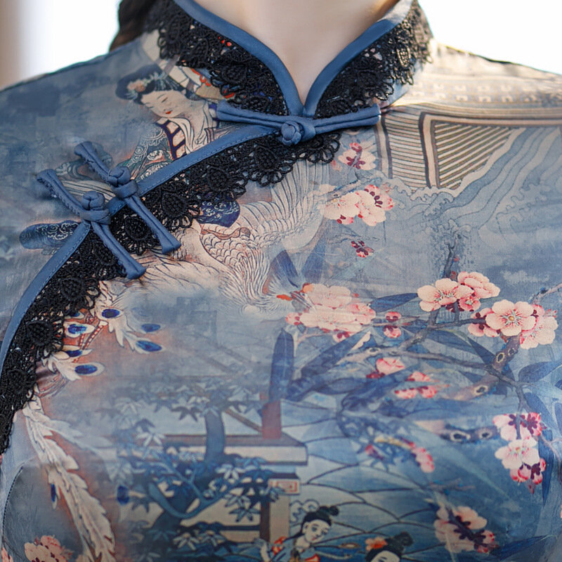 الصينية التقليدية الجانب سبليت طويل تشيباو فستان زهرة طباعة المتضخم 4XL فستان حفلة رسمية Vestidos خمر زر شيونغسام #3