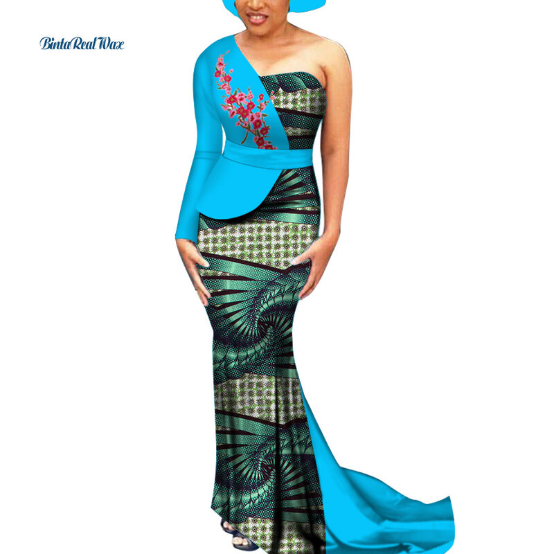 Dashiki-فستان سهرة أفريقي طويل للنساء ، بازان غني ، كتف واحد ، مزين بالورود ، ملابس أفريقية ، WY3530