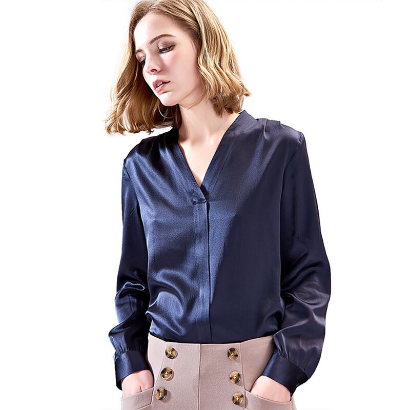 Office Ladies Pure Silk Stretch Satin Shirts Women Elegant Dark Blue Long Sleeve Blouse Fashion V-Neck Slim Temperament Tops
