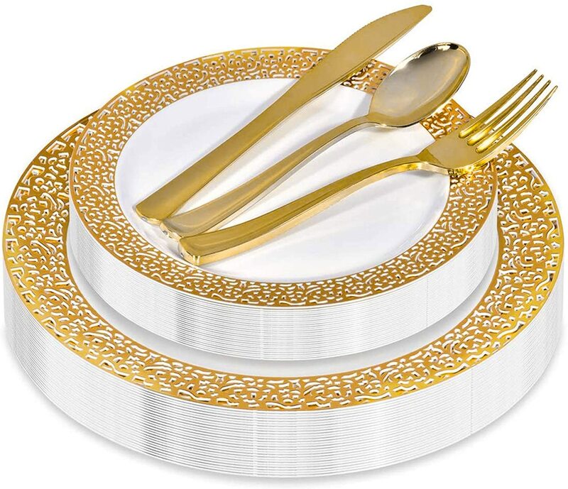 30 قطعة أطباق بلاستيكية الذهب القابل للتصرف مع مقبض الذهب-الدانتيل تصميم حفل زفاف البلاستيك الذهب الدانتيل لوحات سلطة/أطباق حلويات