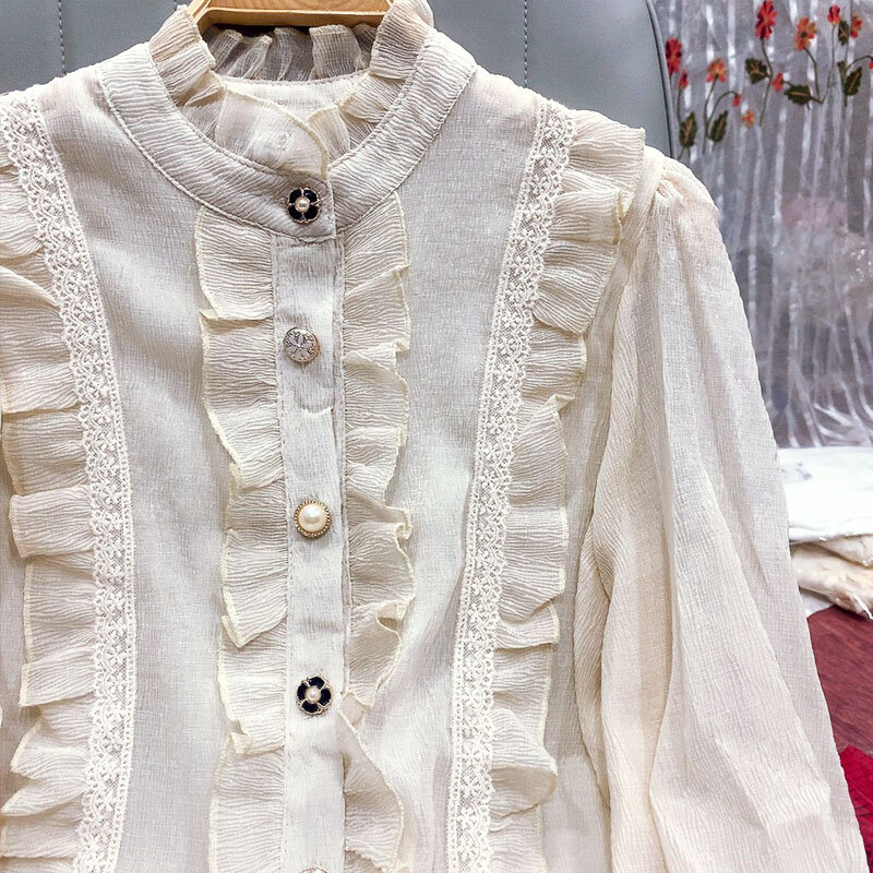 بلوزة كلاسيكية من Ruflles قمصان نسائية للخريف بأكمام طويلة وياقة ثابتة بأزرار ملابس موضة كورية جديدة 2023 للسيدات لعام 22837