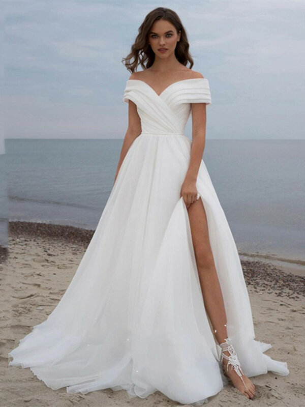 فستان زفاف بفتحة بسيطة 2022 مكشوف الأكتاف على شكل حرف a مطوي لؤلؤ الأورجانزا أبيض لحفلات الزفاف