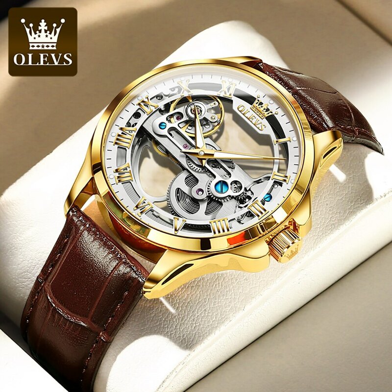 OLEVS-ساعة يد ميكانيكية أوتوماتيكية فاخرة للرجال ، تصميم هيكل عظمي ، مقاوم للماء ، حزام من الجلد ، ساعة رجالي #1