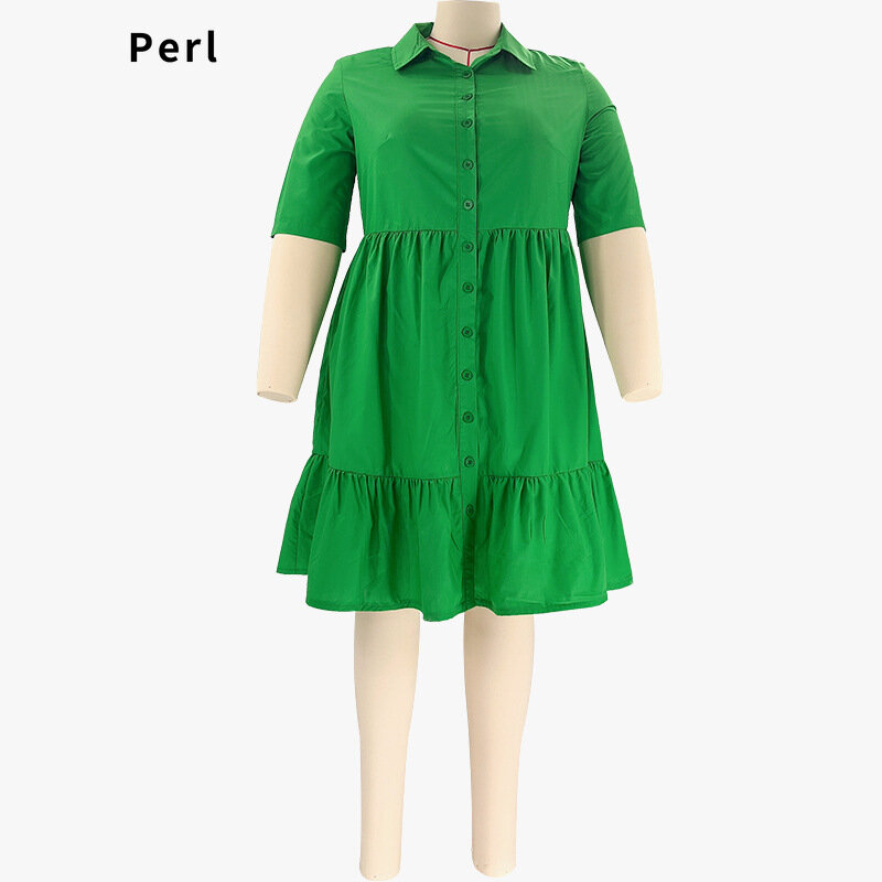 Perl High Waist Summer Dress Plus Size Women Outfit Short Sleeve Loose Dress Turn Down Collar Solid Female Clothing Xl-5xl 2022