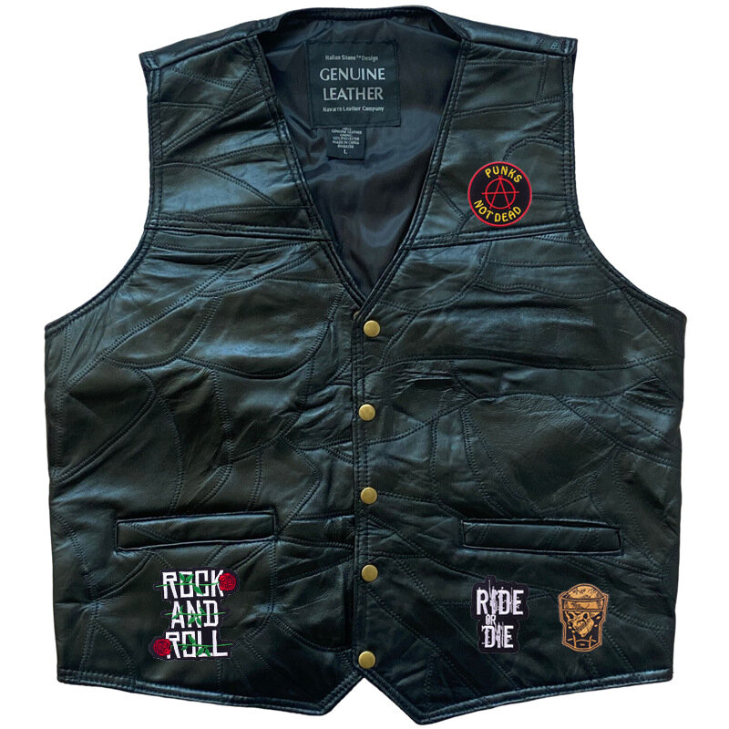Men Embroidery Vest Leather Biker Sleeveless Jacket Punk Retro Locomotive Genuine Sheepskin Motorcycle Vests Suit Hip Hop Coat